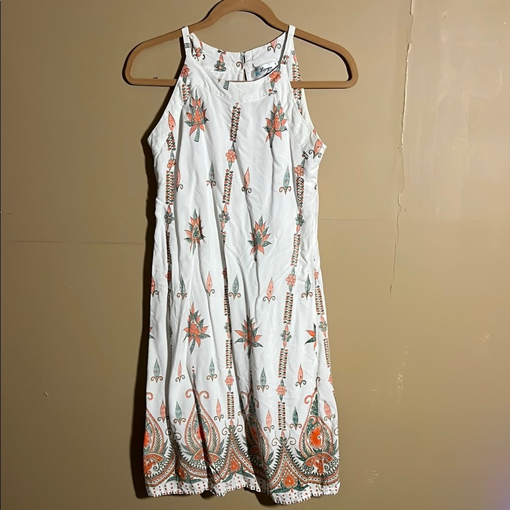 White and Orange and Green Sleeveless Halter Midi Dress